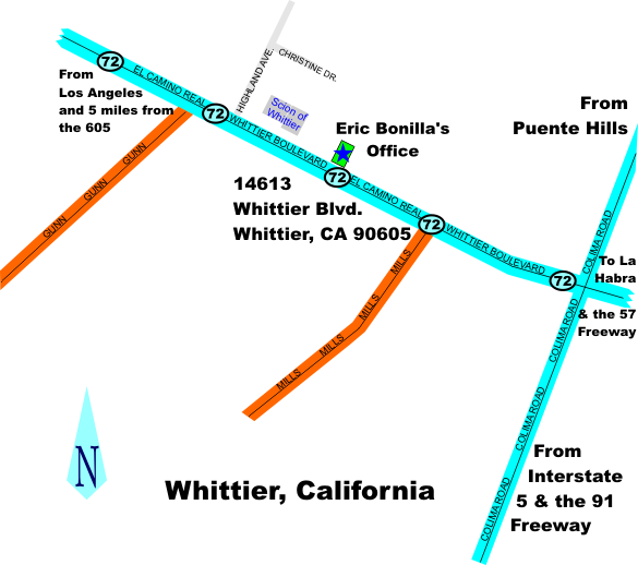 Map of Eric Bonilla's office in Whittier, CA., with directions to it