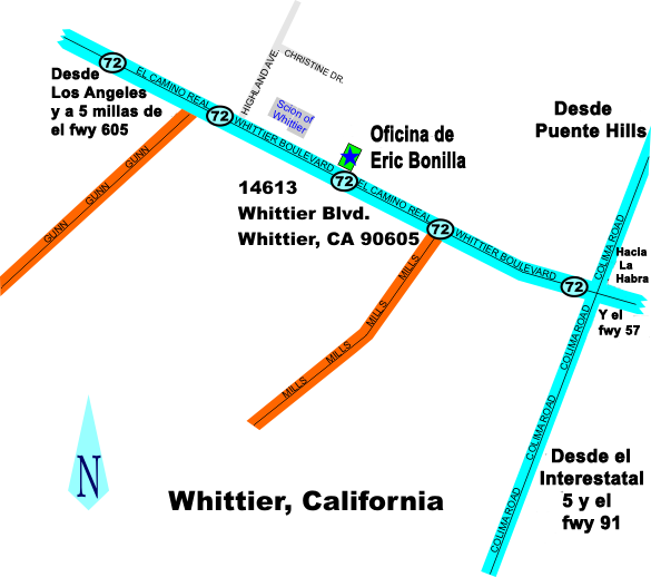 Map of Eric Bonilla's office in Whittier, CA., with directions to it