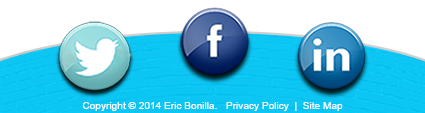Footer with links to Facebook, Twitter, Linkedin, the sitemap page and site's privacy policy