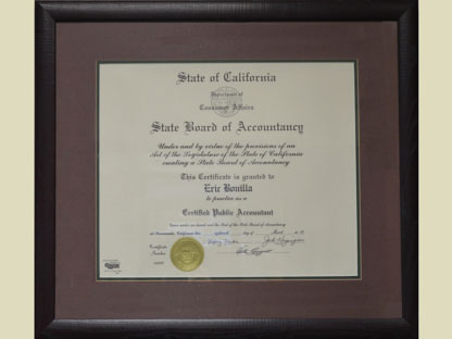 California State Board of Accounting CPA certificate to Eric Bonilla